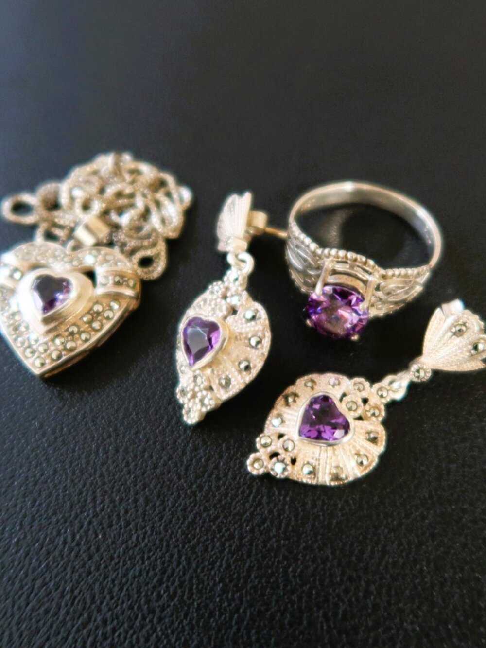 925 Sterling Silver Amethyst Marcasite Purple Heart Jewelry Set 4 Piece